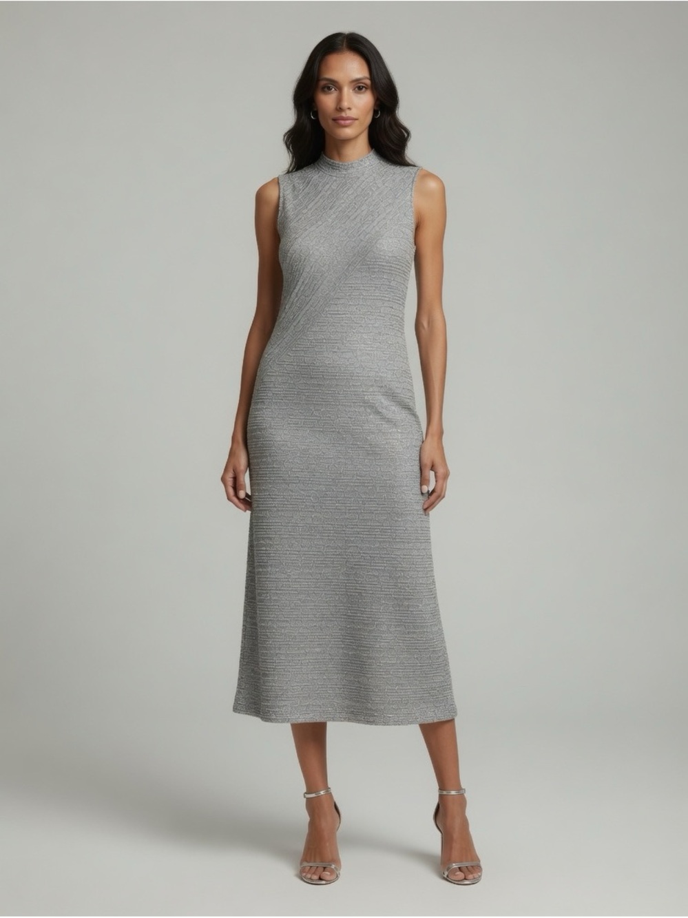 Cabot Vintage Wool Metallic Blend Sleeveless Mock Neck Midi Dress in Silver